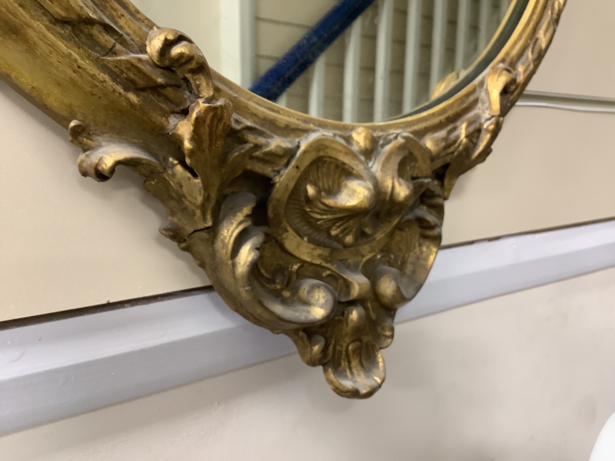 A pair of Victorian circular gilt wood and gesso wall mirrors. W-44, H-64cm.